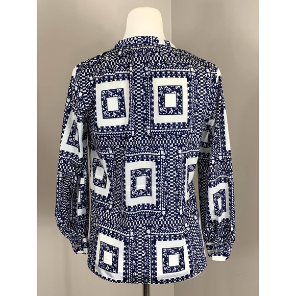 Vintage 70s Bold Geo Graphic Blue White PUS8Y Bow Lilac Mood Style Buttons ~SZ M - Picture 11 of 13